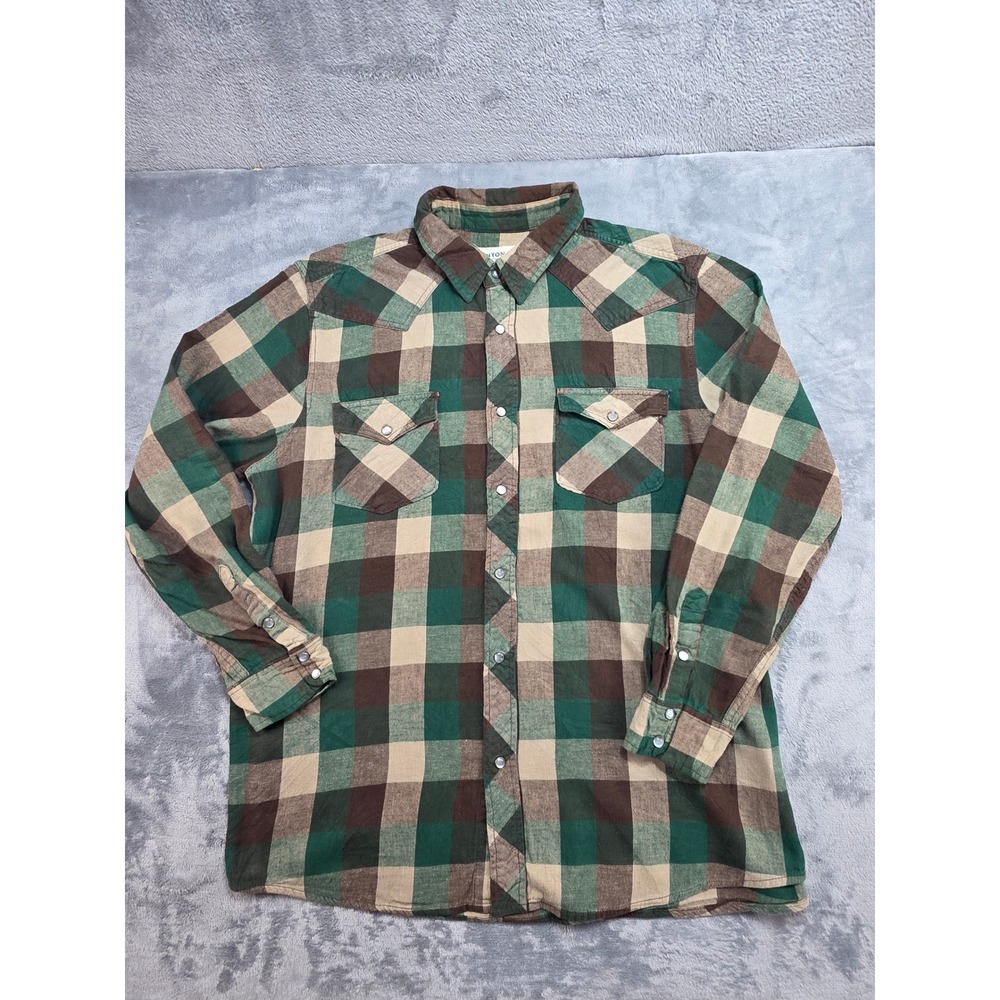 Canyon River Blues Mens XL Plaid Western Pearl‎ Snap Flannel Shirt Green Brown